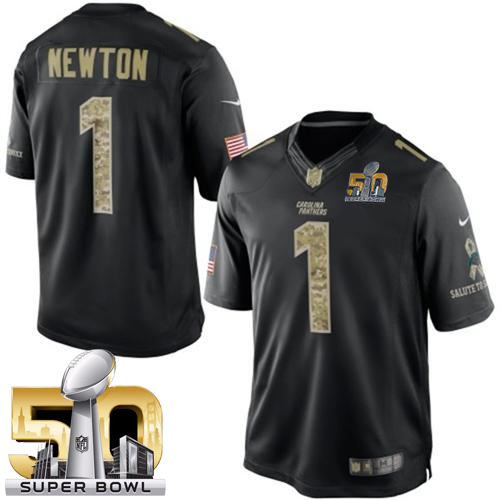 Nike Panthers #1 Cam Newton Black Super Bowl 50 Men's Stitched NFL Limited Salute to Service Jersey - Click Image to Close